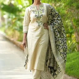 LP LABEL PEHNAVA Floral Embroidered Pure Cotton Kurta With Trousers And Dupatta-image-6