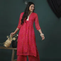 Globus Women Bandhani Printed Panelled Gotta Patti Kurta with Palazzos-22