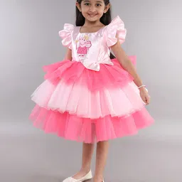 Pink Chick Girl Colourblocked Flutter Sleeve Layered Net Fit & Flare Dress-63