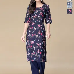 HERE&NOW Selection Of 3 Floral Printed Round Neck Straight Kurtas-picture-18