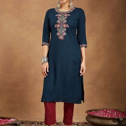 Janasya Floral Yoke Design Round Neck Sequinned Straight Kurta-picture-4