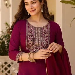 KALINI Ethnic Motifs Yoke Design Thread Work Straight Kurta With Trouser & Dupatta image 4