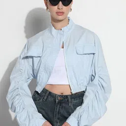 SHOWOFF Women Stand Collar Solid Lightweight Casual Bomber-14