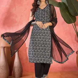 Sangria Geometric Printed Straight Kurta With Trouser & Dupatta Set image 4