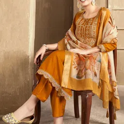 MOKOSH Women Embroidered Regular Sequinned Kurta with Trousers & With Dupatta image 3