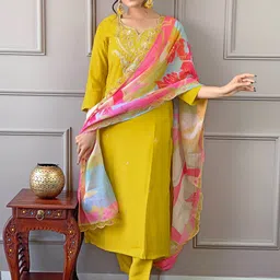 Siya Fashion Floral Yoke Design Thread Work Straight Kurta With Trousers & Dupatta-image-59