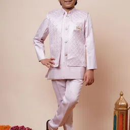 Sangria Boys Embroidered Satin Geometric Sequined Kurta Trouser Set With Waistcoat-picture-46