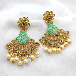 Saizen Gold Plated Kundan Studded & Pearls Beaded Floral Drop Earrings-picture-8