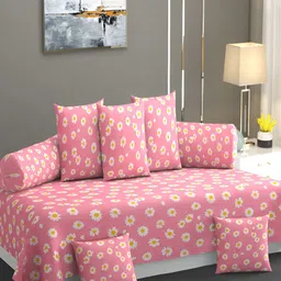 AMRANGE Pink & White 8 Pieces Floral Printed Bedsheet with Bolster and Cushion Covers-48