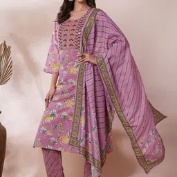 Moda Rapido Women Ethnic Motifs Floral Cotton Blend Kurta with Trousers & Dupatta-picture-9
