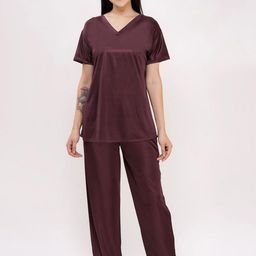 Dreambe Women V-Neck Satin Top & Pyjamas-image-9
