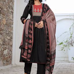 Yufta Women Yoke Design Pleated Patchwork Pure Cotton Kurta with Trousers & With Dupatta-image-44