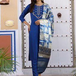 Navlik Floral Embroidered Round Neck Sequinned Kurta With Trousers & Dupatta-10