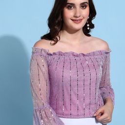 MISS HAUTE Women Embellished Off-Shoulder Bell Sleeve Net Bardot Crop Top-picture-7