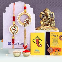 CraftVatika 5-Pcs Lord Ganesh With Greeting Card & Roli Chawal Rakhi Gift Set-image-25