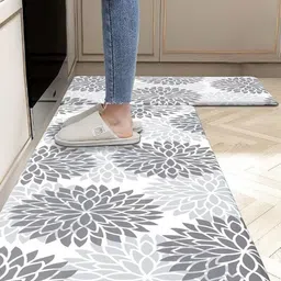 Homecloud Set of 2 Grey & White Printed Rectangular Anti-Skid Kitchen Mats-11