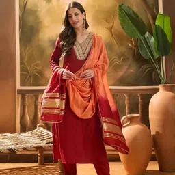 Sangria Women's Solid & Embroidered Rayon Straight Kurta Pant & Dupatta Set-22