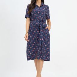 Color Cocktail Floral Print Slits Shirt Collar Roll-Up Sleeves Wrap Dress-image-38