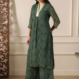 Globus Women Zari V-Neck Bandhini Print Panelled Gotta Lace A-Line Kurta &Palazzo-picture-18