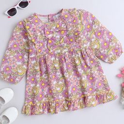 BRIGHT STARS KIDSWEAR Kids Pink Floral Print Puff Sleeve Peplum Mini Dress-image-56