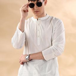 Anouk White & Black Geometric Band Collar Pure Cotton Straight Short Kurta-image-70