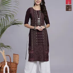 HERE&NOW Selection Of 3 Ethnic Motifs Printed Round Neck Straight Kurtas-image-95