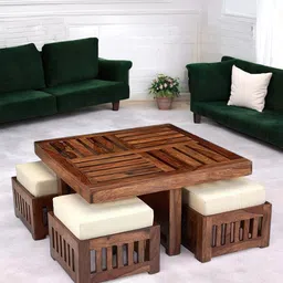 Ikiriya Coffee Brown Wooden Natural Teak Finish Coffee Table With Stool and Cushions-33