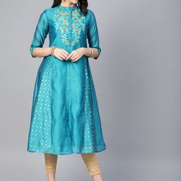 Juniper Women Blue & Golden Embroidered A-Line Kurta-image-57