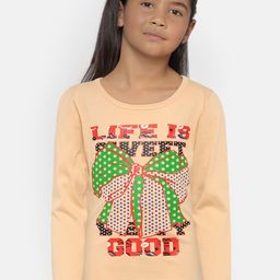 SINI MINI Girls Beige Printed Round Neck T-shirt-36