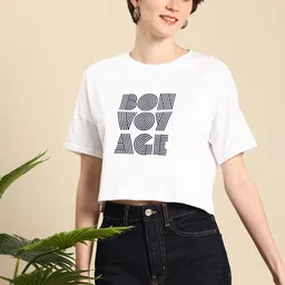 Mast & Harbour Typography Printed Drop-Shoulder Sleeves Cropped Pure Cotton T-shirt-picture-13