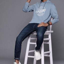 Louis Philippe Jeans Men Blue & White Printed Cotton Hooded Sweatshirt-image-26