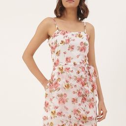 BRINNS Off White & Pink Floral Layered Georgette A-Line Dress-image-83