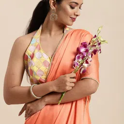 HERE&NOW Peach-Coloured Dyed Pearl Embellished Satin Saree-picture-32