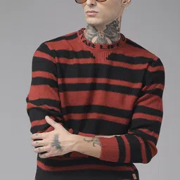 The Roadster Lifestyle Co. Men Rust Brown & Black Striped Acrylic Pullover-image-39