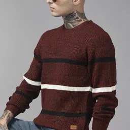 The Roadster Lifestyle Co. Men Maroon & Black Striped Acrylic Pullover-image-42