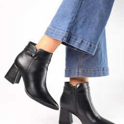 Monrow Women Black Solid Block Heeled Boots With Buckles-48