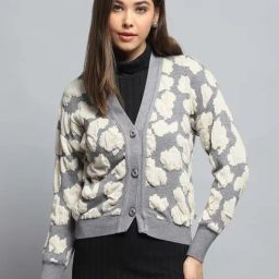 Monte Carlo Women's Grey Self Design V Neck Full Sleeve Cardigan-picture-16