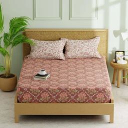 Bianca Lorenzo Peach Fabric 152 TC 120 GSM Double Fitted Bedsheet With 2 Pillow Covers-image-49