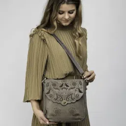 Art N Vintage Carob Grey Leather Textured Small Sling Handbag-picture-17