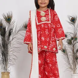 Little Bansi Kids Red & White Printed Kurta Frock with Palazzo & Dupatta-picture-20