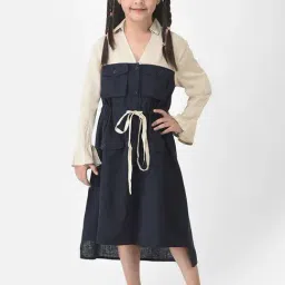 Crimsoune Club Kids Navy & Cream Color Block Full Sleeves Dress-image-14