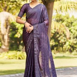Satrani Purple Embellished Saree With Unstitched Blouse-image-81