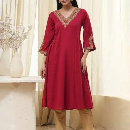 Biba Red Cotton Solid Kurta-image-23