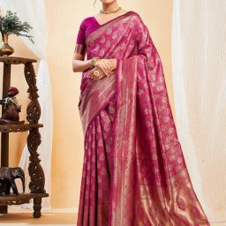 Satrani Pink Silk Blend Woven Saree With Unstitched Blouse-image-59