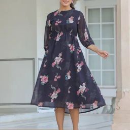 Janasya Black Georgette Regular Fit Floral Dress-image-8