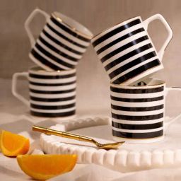 Golden Queens Black & White Ceramic Abstract Monochrome Stripes Tea Cups - Set of 6 (200 ml)-24