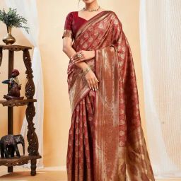 Satrani Brown Silk Blend Woven Saree With Unstitched Blouse-image-25