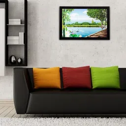 eCraftIndia Blue Water & Trees Satin Matte Texture Framed UV Wall Art-image-25
