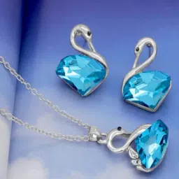 Peora Silver Blue Crystal Studded Pendant Chain & Earring Set-image-82