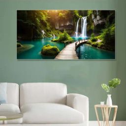 Nestroots Canvas Enchanting Waterfall With Scenic Bridge Wall Painting - White Floating Frame-image-38